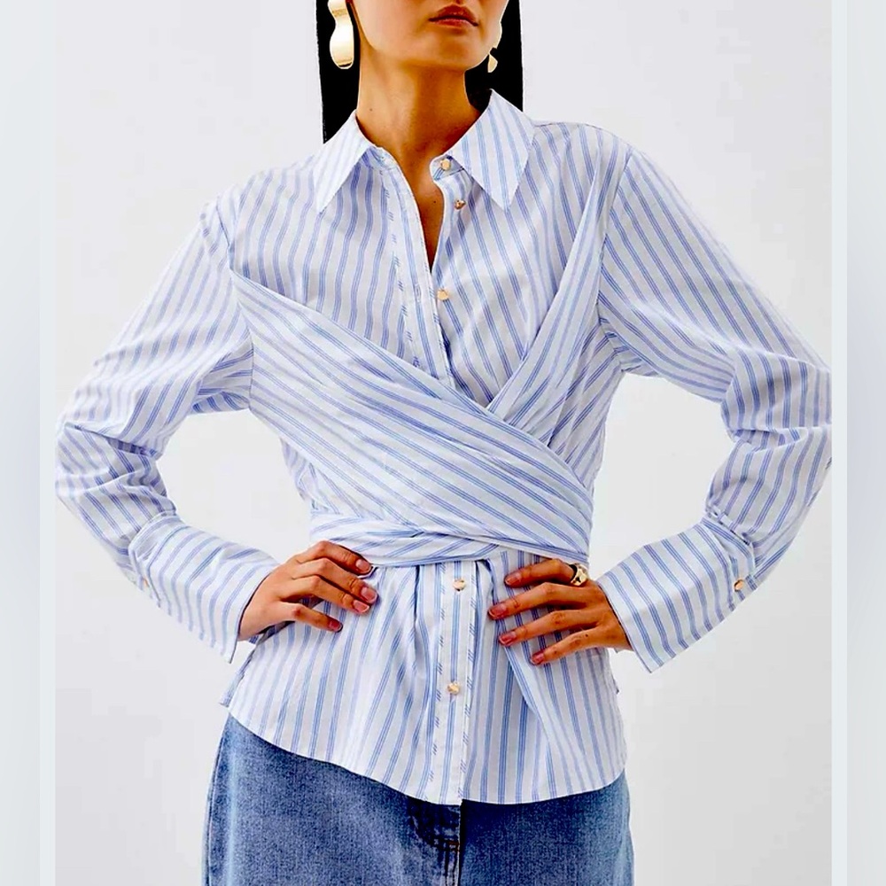 Karen Millen Wrap Bow-tie Cotton Poplin Stripes Button Down Cuff Sleeve Size 8
